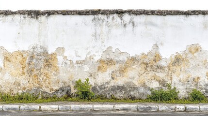 Aufkleber - Aged grunge textured gray cement wall with peeling paint and greenery at the base perfect for backgrounds and artistic designs