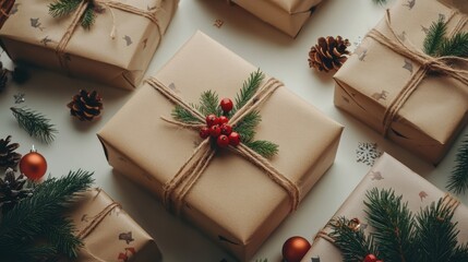 Poster - Festively wrapped gift boxes with pine branches and ornaments arranged on a white background for holiday decorations and celebrations.