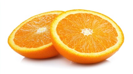Poster - sliced fresh oranges with vibrant color and water droplets against a clean white background showcasi