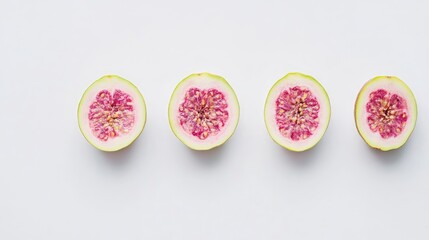 Poster - Sliced guava fruit pieces arranged on a white background showcasing their vibrant pink flesh and unique texture in a minimalist style