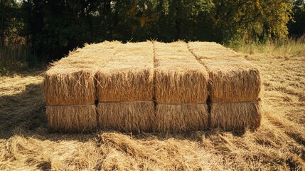 Poster - Hay bales stacked neatly in a golden field showcasing rural farming and grain harvest in a tranquil agricultural landscape