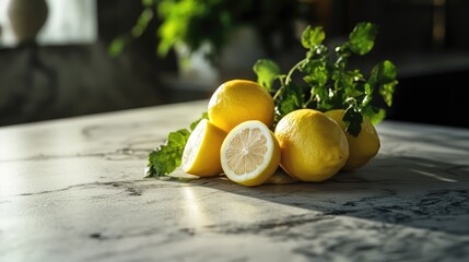 Poster - vibrant fresh lemons arranged artistically on a textured stone surface highlighting natural colors a
