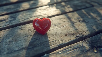 Aufkleber - Red heart decoration on wooden table with overhead perspective and empty space for text or message in a romantic or festive setting.