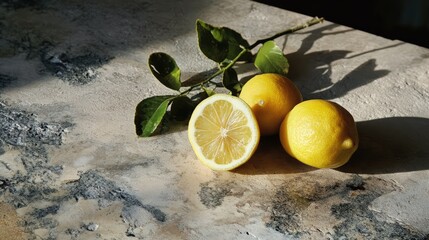 Poster - fresh lemons and a halved lemon with leaves on a textured stone surface showcasing natural light and