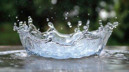 Aufkleber - Elegant splash of clear water capturing dynamic motion in high resolution with droplets reflecting light against a blurred natural background.