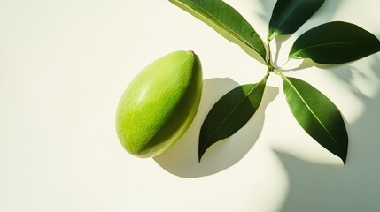 Poster - Fresh green mango with leaves on a light background showcasing natural textures and vibrant colors of tropical fruit.