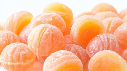 Aufkleber - Peach flavored bonbons piled together with a soft white background showcasing their vibrant colors and sweet texture