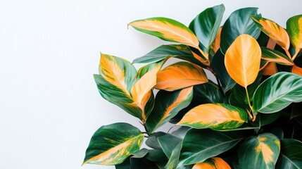 Poster - Vibrant green and orange leaves composition on a clean white background showcasing natureâ€™s beauty and color contrast.