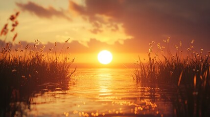Aufkleber - Tranquil sunset over calm waters with silhouetted grass creating a serene golden hour atmosphere in nature's beauty.