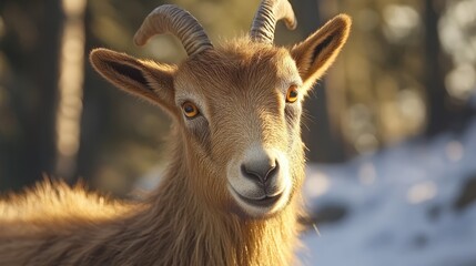 Poster - Majestic goat portrait in natural light showcasing its expressive eyes and detailed fur against a blurred forest background