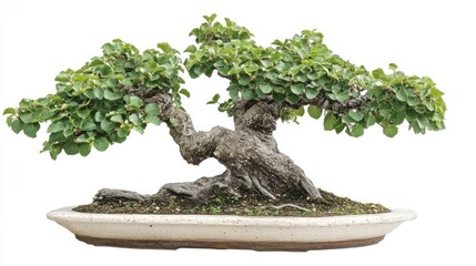 Poster - Elegant green bonsai tree in a minimalist pot showcasing the beauty of nature against a clean white background for artistic decor.