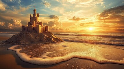 Poster - Golden Hour Seascape Featuring a Majestic Sandcastle Against a Vibrant Sunset Skyline