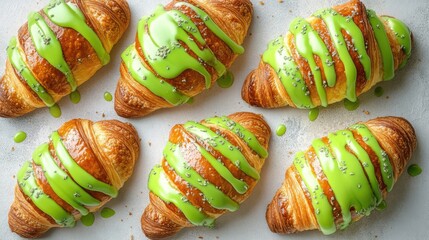 Aufkleber - Gourmet croissants topped with vibrant green icing on a light gray background showcasing an artistic pastry presentation from above.