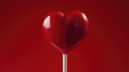 Poster - Heart-shaped lollipop on a vibrant red background perfect for Valentine's Day celebrations and sweet treats imagery.