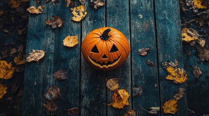 Poster - Halloween pumpkin on rustic wooden table surrounded by yellow autumn leaves creating a festive seasonal atmosphere.