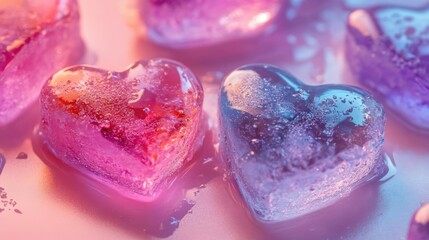 Aufkleber - Heart shaped ice cubes in vibrant colors with a melting effect on a soft pastel background. Perfect for romantic or festive themes.
