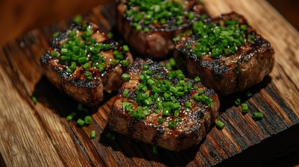 Poster - Grilled meat chops garnished with fresh chives served on a rustic wooden board delicious gourmet presentation