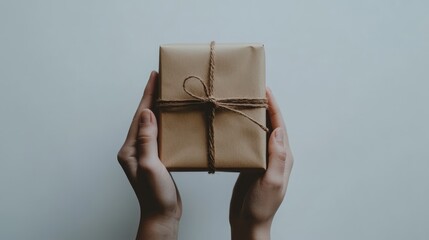 Poster - Gift wrapping in hands on neutral background symbolizing giving and celebration of special occasions or holidays.