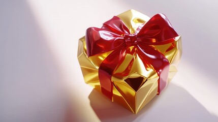 Aufkleber - Elegant golden gift box with a vibrant red bow elegantly displayed on a soft white background, perfect for holiday and celebration themes.