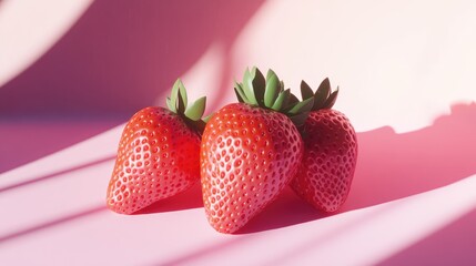 Poster - ripe strawberries arranged beautifully on a soft pink background with natural shadows highlighting t