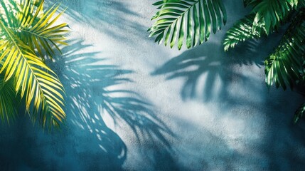 Aufkleber - Tropical palm leaves casting shadows on a textured blue wall creating a serene and calming atmosphere for interior design concepts