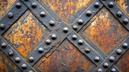 Poster - Rusty metal texture with rivets and patina in a grunge style reflecting industrial themes and vintage aesthetics for backgrounds and designs