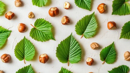Aufkleber - Hazelnut leaves and nuts arranged artistically on a textured surface in an aerial perspective composition for nature themes