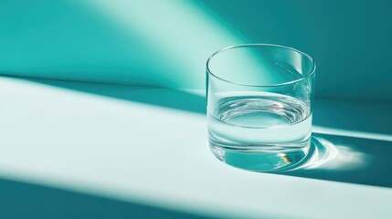 Aufkleber - Clear glass of water on a soft blue background with dramatic light highlighting reflections and shadows