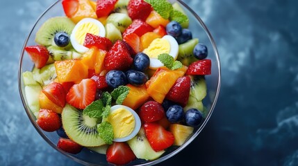 Aufkleber - Vibrant fruit salad with boiled eggs served in a clear bowl Healthy breakfast option Fresh ingredients for a nutritious meal Diet-friendly dish