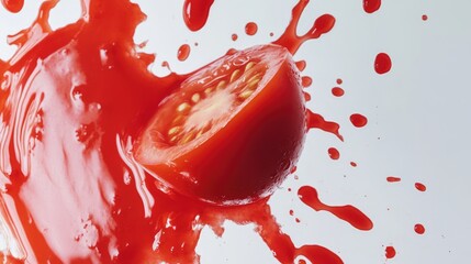 Poster - freshly squeezed tomato juice with vibrant splashes isolated on a clean white background highlightin