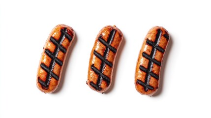 Poster - Grilled sausages arranged on a white background showcasing appetizing textures and colors perfect for food-related promotions or articles