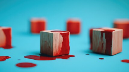 Aufkleber - Abstract wooden blocks with red paint on a blue background creating a striking visual contrast and artistic texture for creative design concepts.