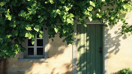 Aufkleber - Lush green tree branches framing a charming building entrance with a wooden door and window in soft natural light.