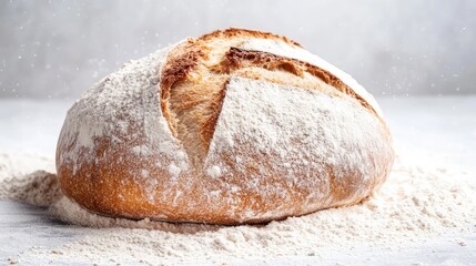Poster - Artisan bread loaf dusted with flour on a light background showcasing the texture and quality of freshly baked goods.