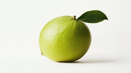 Poster - Fresh ripe guava fruit with green leaves displayed on a clean white background perfect for healthy eating or natural product themes