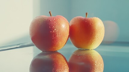 Poster - Fresh ripe apples with water droplets showcasing mirrored reflections on a shiny surface in a bright and serene setting.