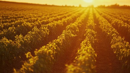 Canvas Print - Golden hour light illuminating lush soybean fields in a serene agricultural landscape during sunset hours