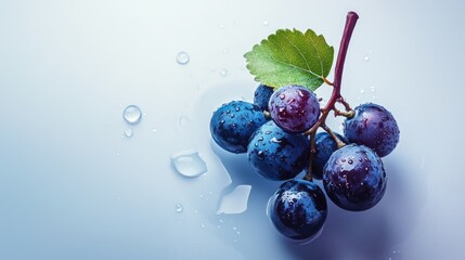 Aufkleber - Freshly washed grapes with droplets on a light background showcasing a mix of dark and blue varieties with green leaf accents.