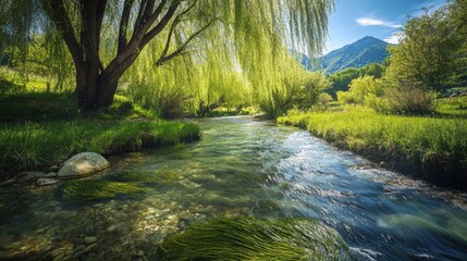 Aufkleber - Willow tree by a serene stream with clear water and lush greenery in a sunlit park landscape during spring season showcasing natural beauty