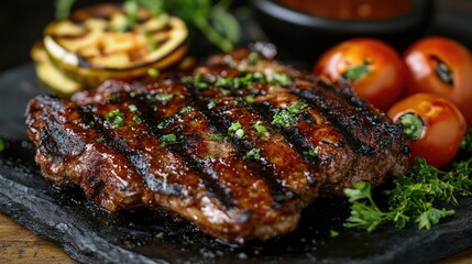 Poster - Savory grilled hamburger steak with fresh herbs and vegetables on a rustic wooden surface ready for outdoor dining and barbecuing.