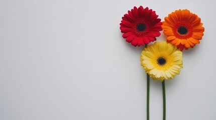 Poster - Colorful gerbera daisies in red orange and yellow arranged against a clean white background showcasing floral beauty and simplicity.