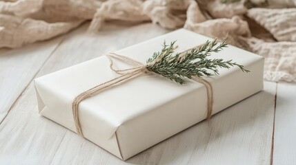 Poster - Minimalist Christmas gift box decorated with fir branches on rustic wood background for festive celebrations and holiday presentations.