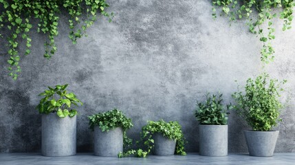 Aufkleber - Modern greenery arrangement in concrete pots against textured concrete wall for minimalist interior design concepts