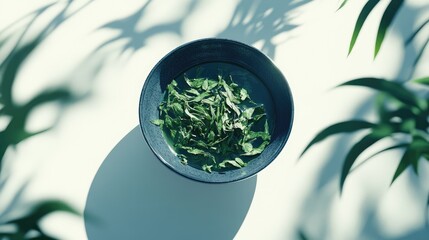 Poster - Dried green tea leaves in a dark bowl with natural shadows against a white background showcasing a serene and minimalist aesthetic