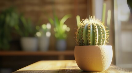 Aufkleber - Green cactus in a minimalist pot bathed in soft sunlight on a wooden table with blurred greenery in the background.