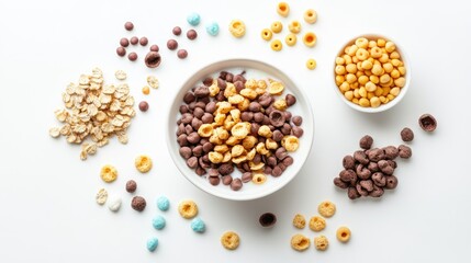 Poster - Nutritious breakfast cereal assortment with milk served in a bowl on a clean white background showcasing a variety of flavors and textures.