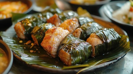 Poster - Grilled meat wrapped in banana leaves served on a leaf plate with various dishes in the background