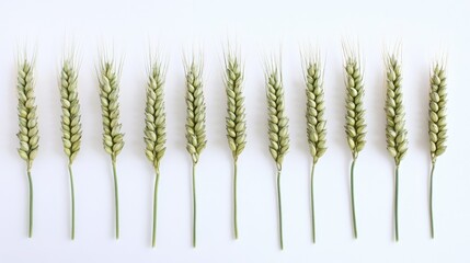 Aufkleber - Green wheat stalks arranged neatly against a clean white background showcasing agricultural beauty and natural symmetry.