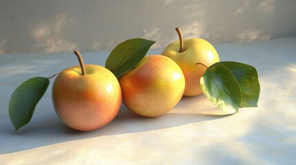 Poster - fresh apples with green leaves arranged elegantly on a soft white background showcasing natural ligh