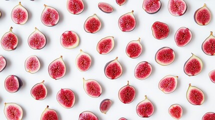 Poster - fig slices arranged in an aesthetic flat lay pattern on a clean white background highlighting vibran